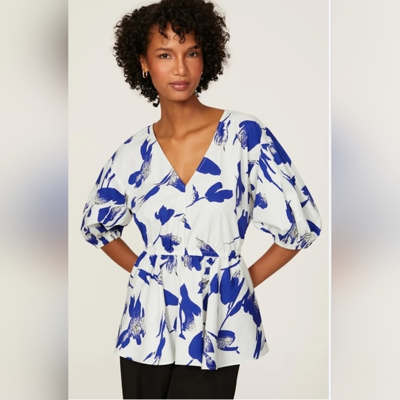 Jason Wu White/ Blue  Puff Sleeve Peplum Top Size 8 V-Neck - Picture 1 of 11